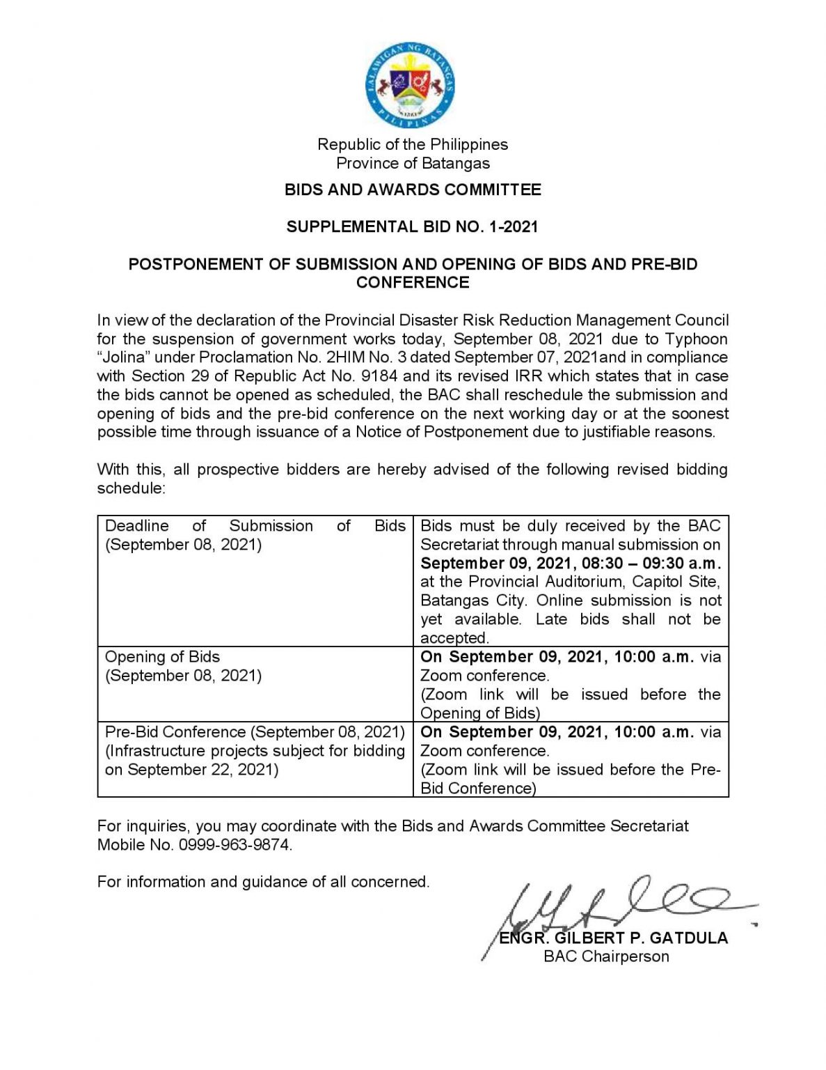 SUPPLEMENTAL BID NO. 12021 POSTPONEMENT OF SUBMISSION AND OPENING OF